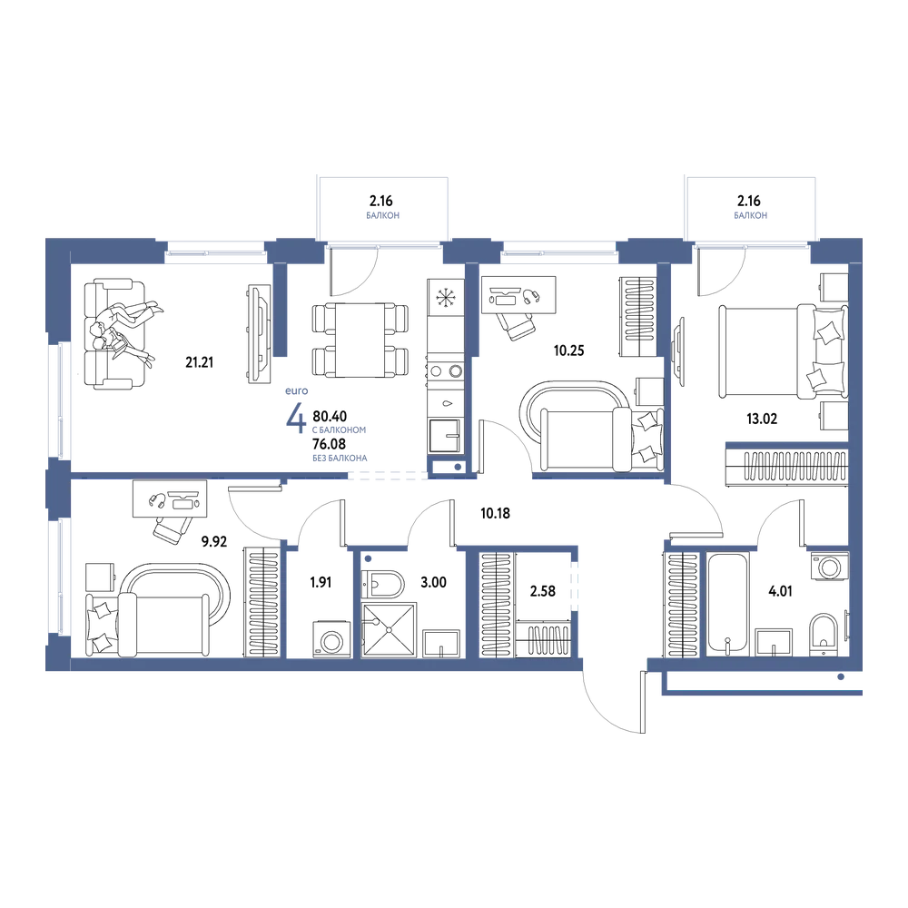 Планировка: Евро-4 80,4 м²