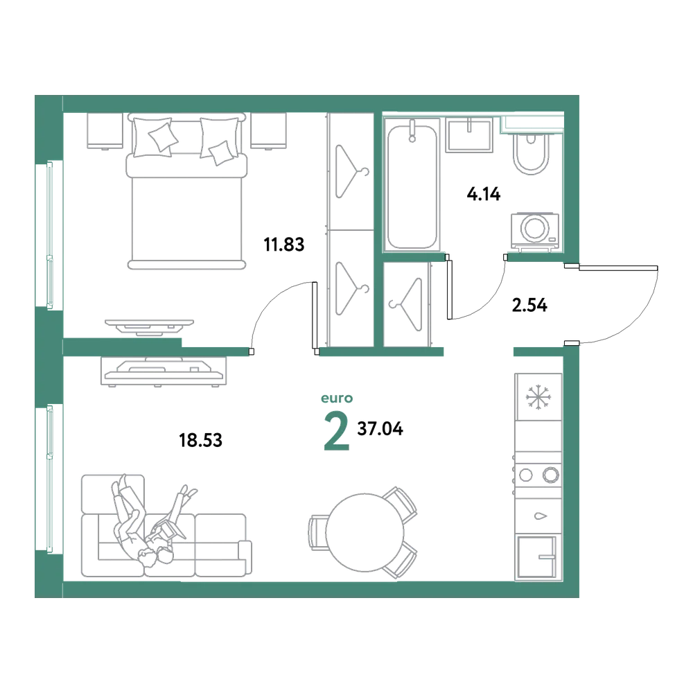 Планировка: Евродвушка 37,04 м²