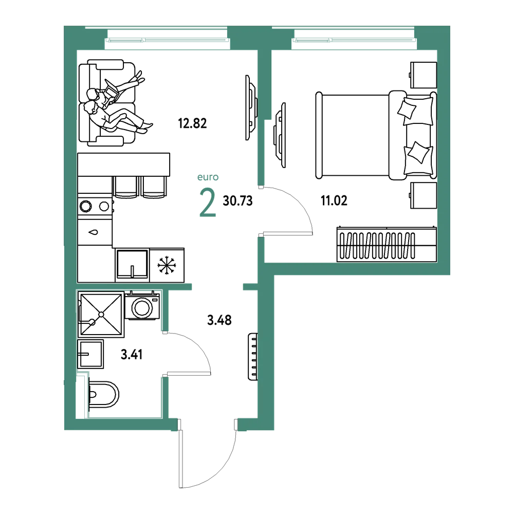 Планировка: Евродвушка 30,73 м²