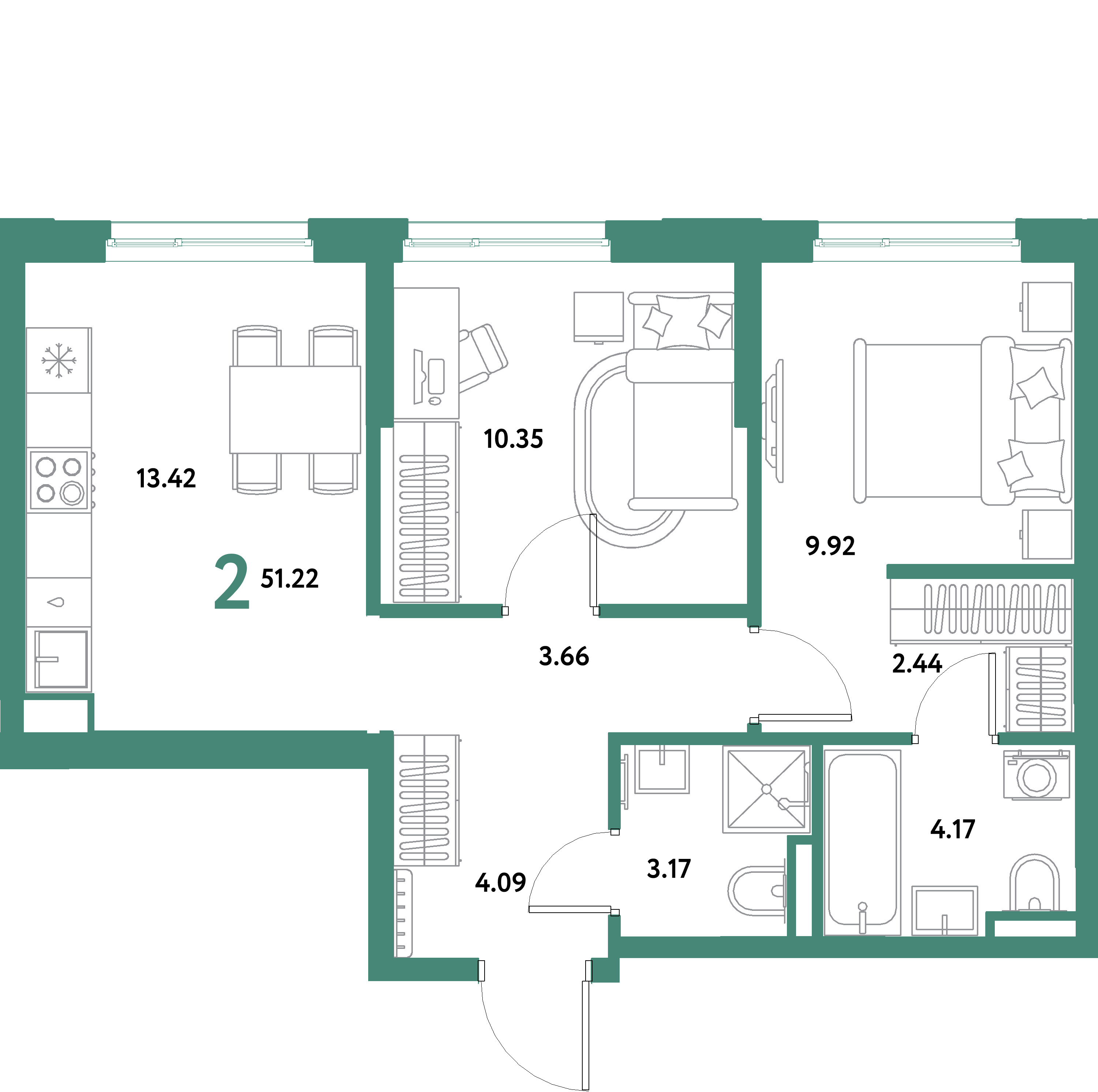 Планировка: 2-комнатная 51,22 м² в ЖК «Остров-сад»