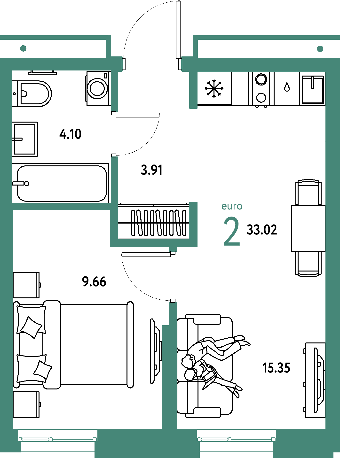 Планировка: Евродвушка 33,02 м² в ЖК «Домашний»