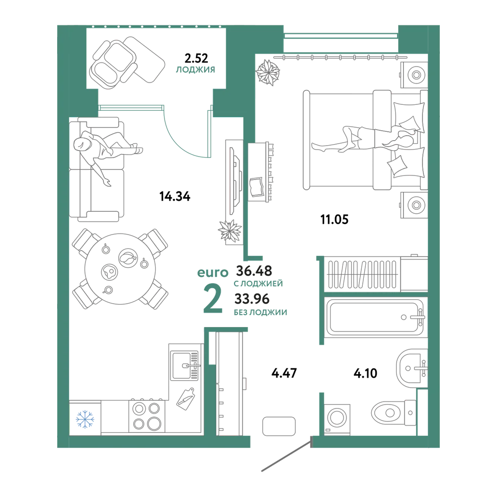 Планировка: Евродвушка 36,48 м²