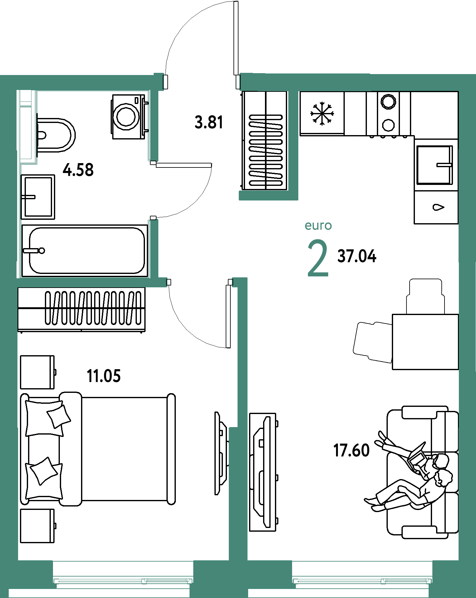 Планировка: Евродвушка 37,04 м² в ЖК «Остров-сад»