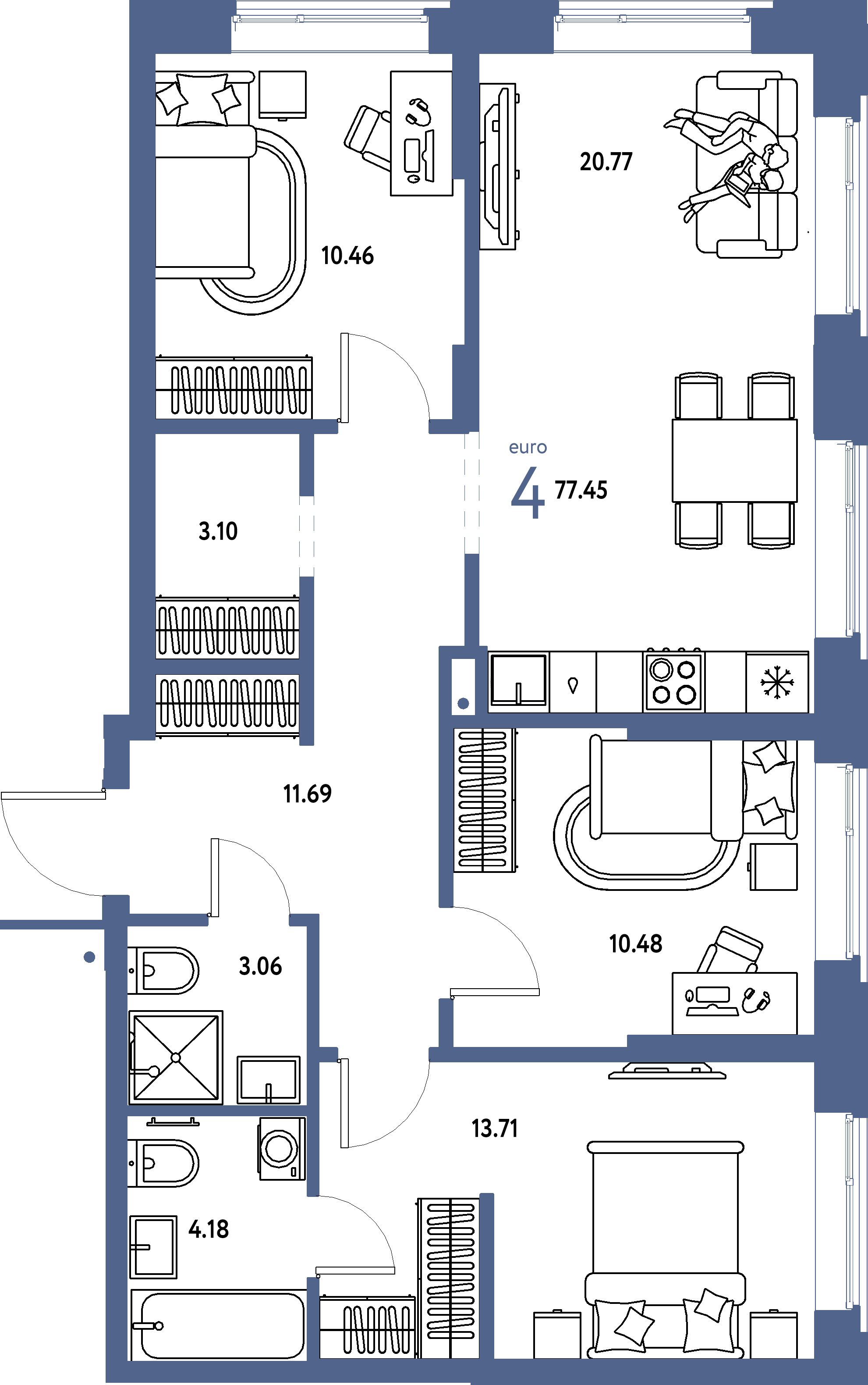 Планировка: Евро-4 77,45 м² в ЖК «Домашний»