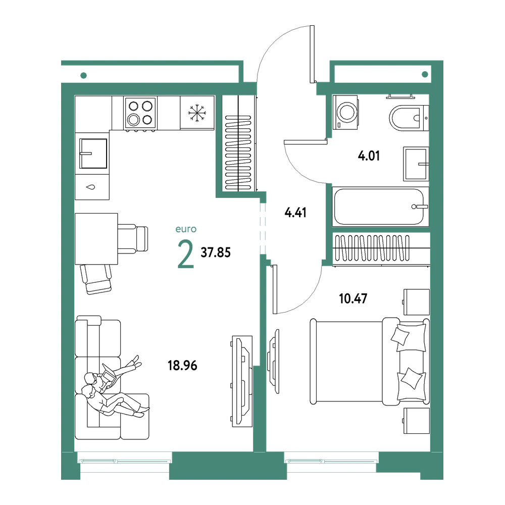 Планировка: Евродвушка 37,85 м²