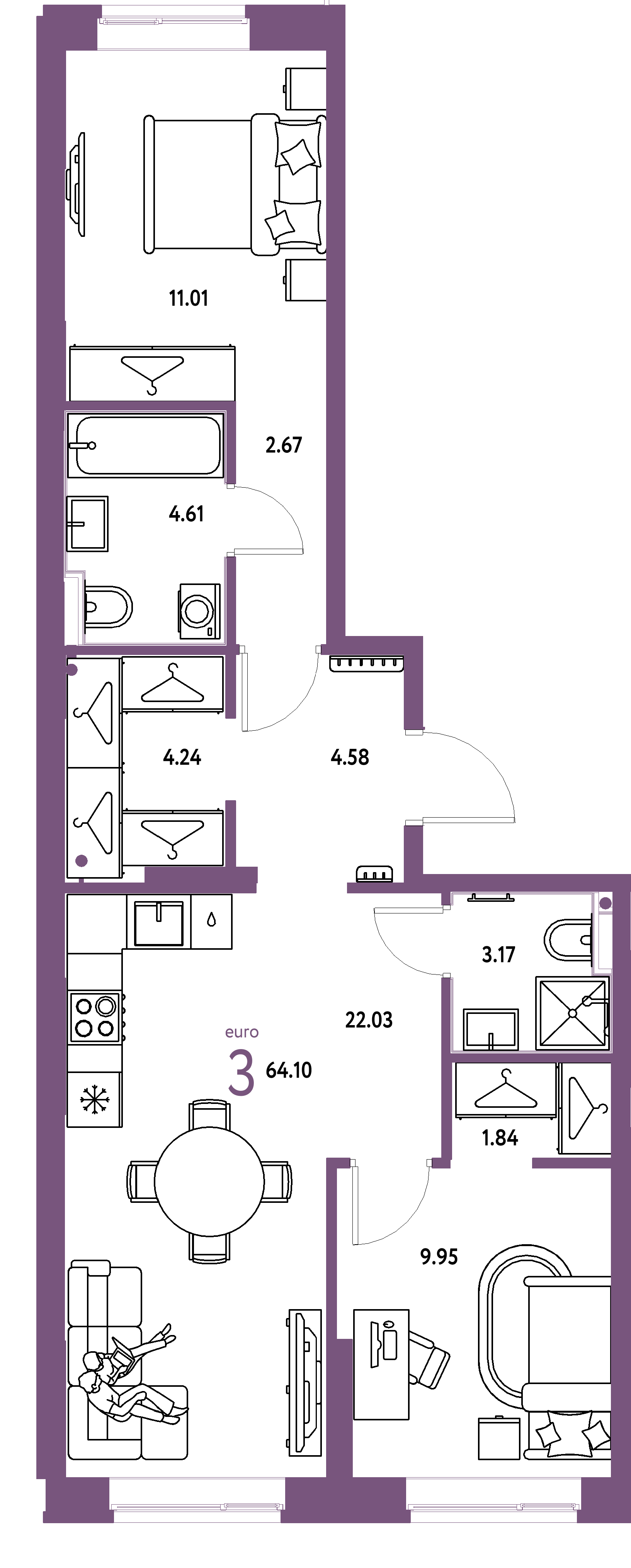 Планировка: Евротрёшка 64,1 м² в ЖК «Европейский берег 2.0»