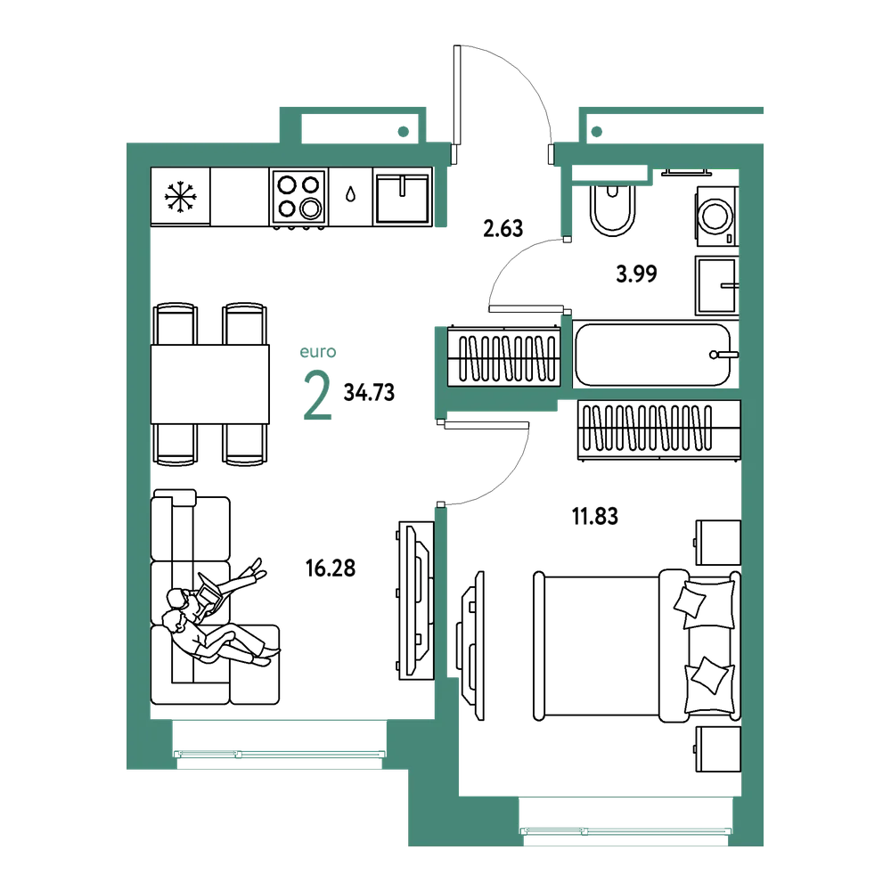 Планировка: Евродвушка 34,73 м²