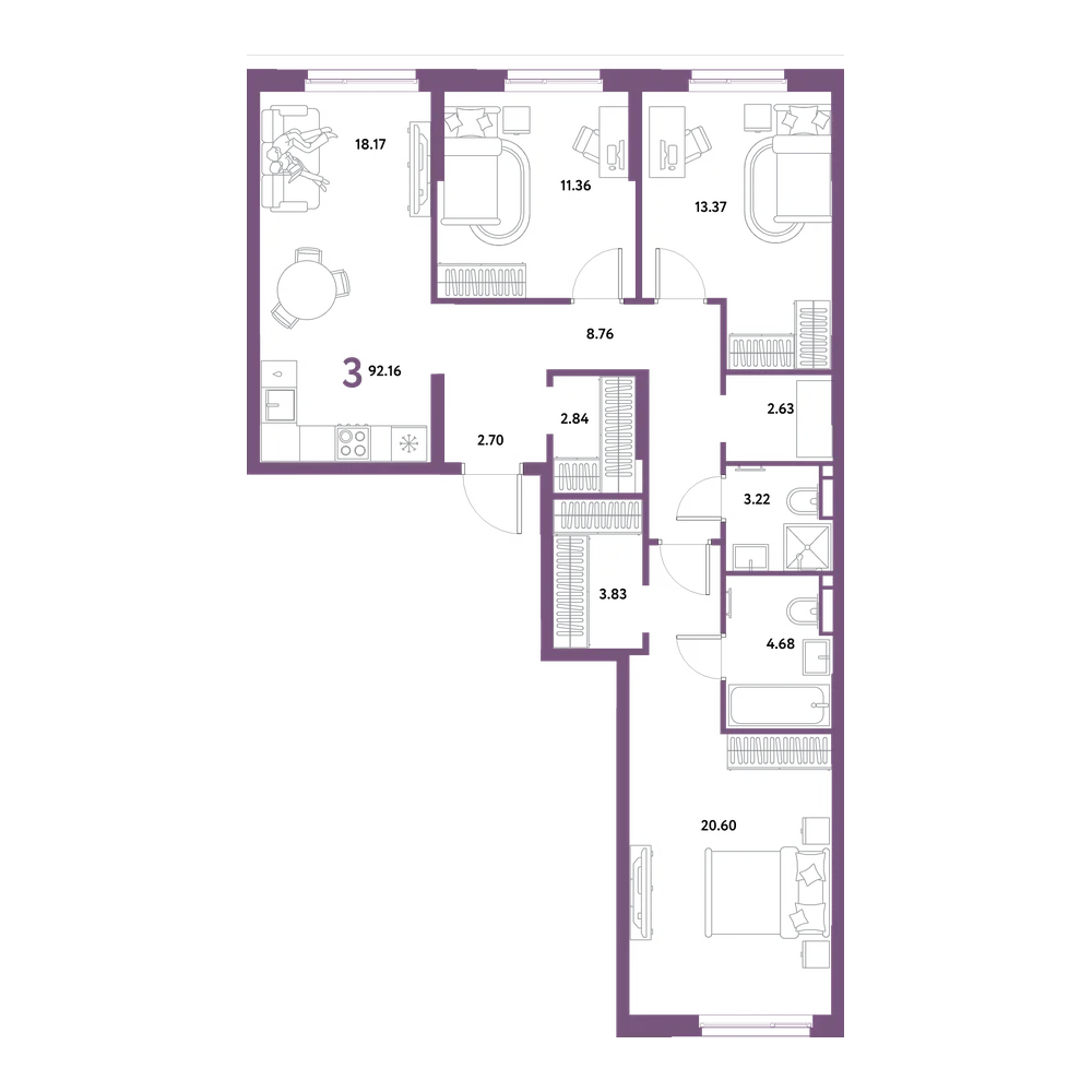 Планировка: 3-комнатная 92,16 м²