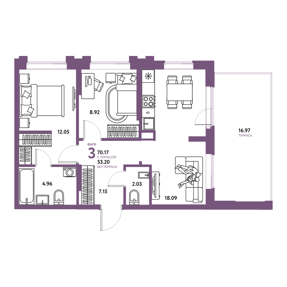 Планировка: Евротрёшка 70,17 м²