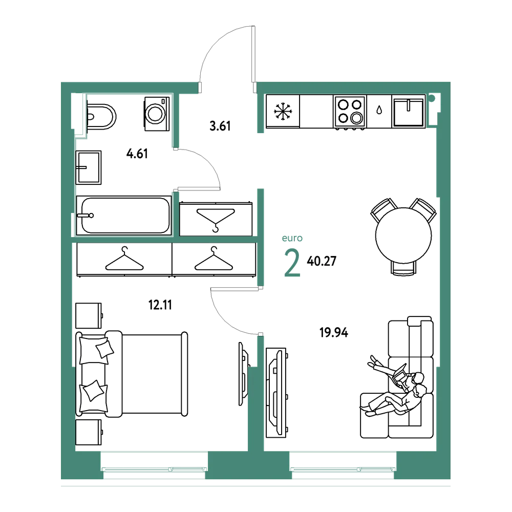 Планировка: Евродвушка 40,27 м²