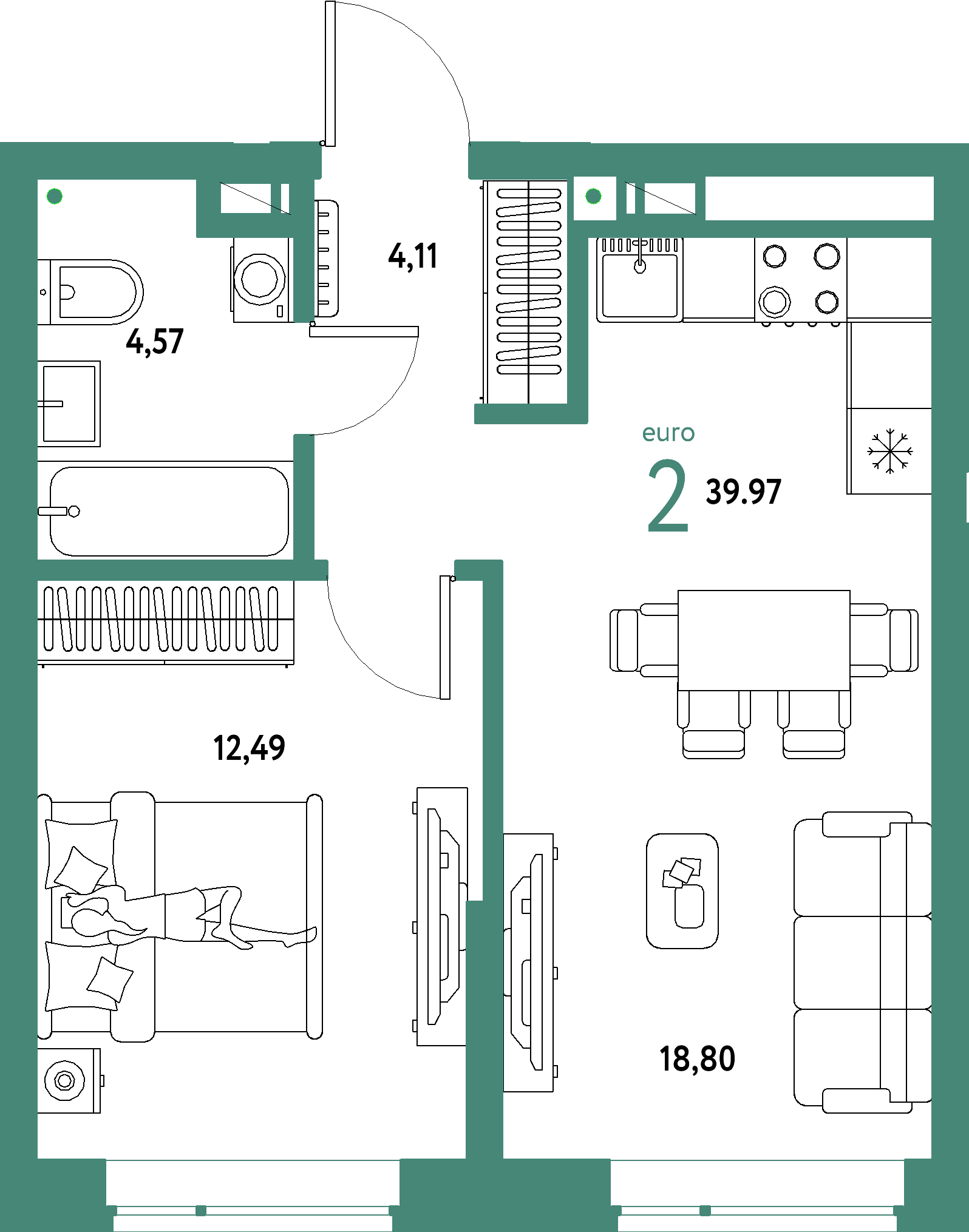 Планировка: Евродвушка 39,97 м² в ЖК «Авторский»