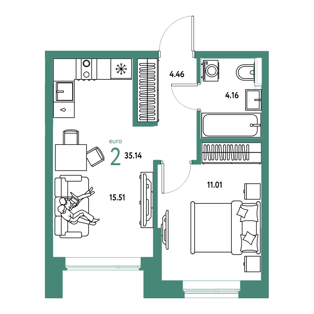 Планировка: Евродвушка 35,14 м²