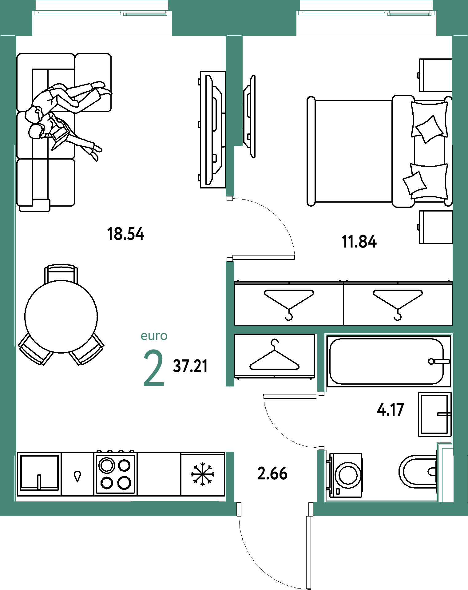Планировка: Евродвушка 37,21 м² в ЖК «Европейский берег 2.0»