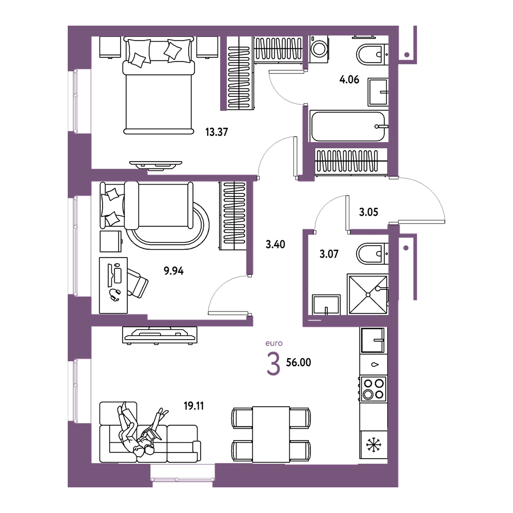 Планировка: Евротрёшка 56 м²