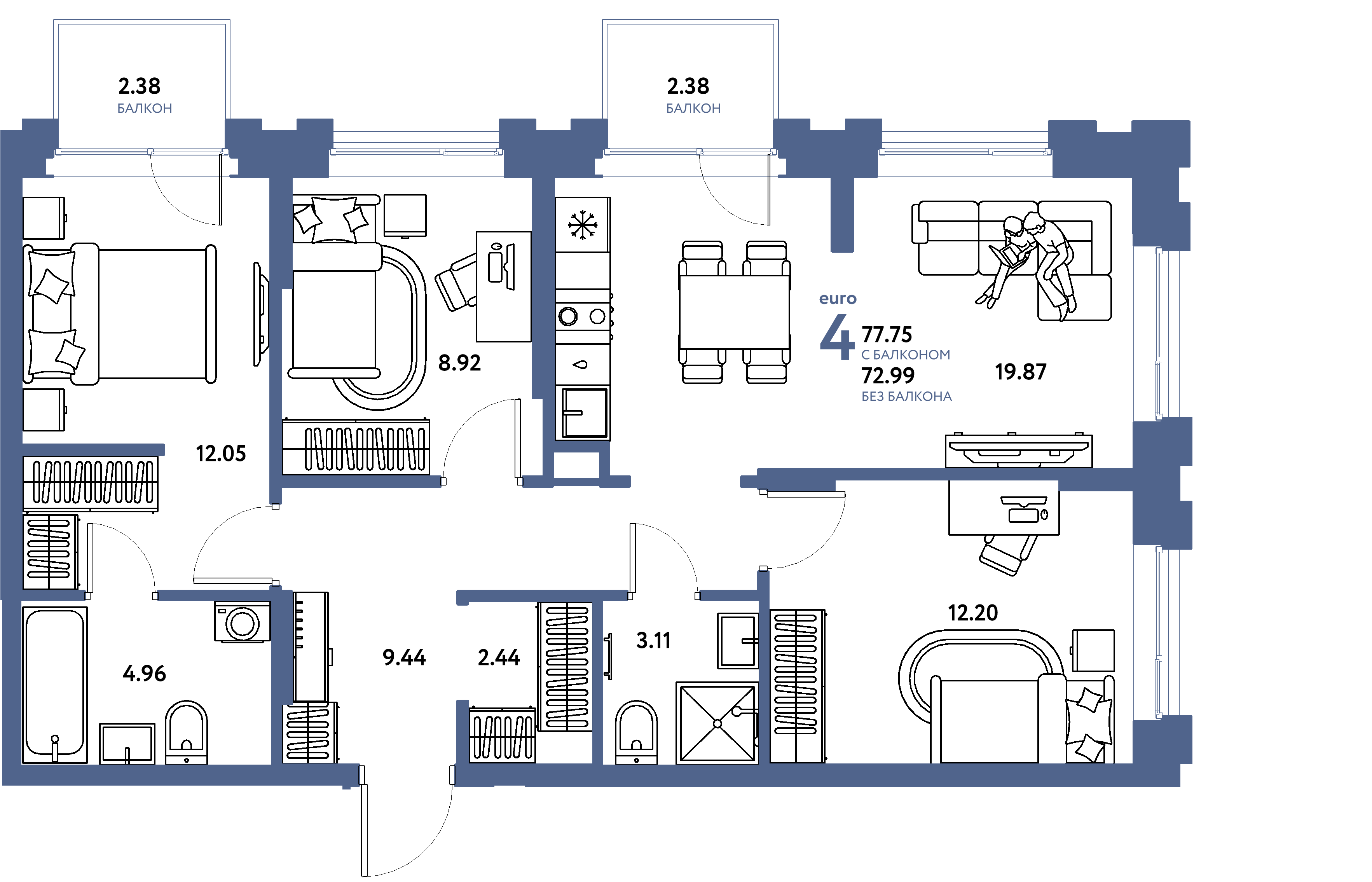Планировка: Евро-4 77,75 м² в ЖК «Европейский берег 2.0»