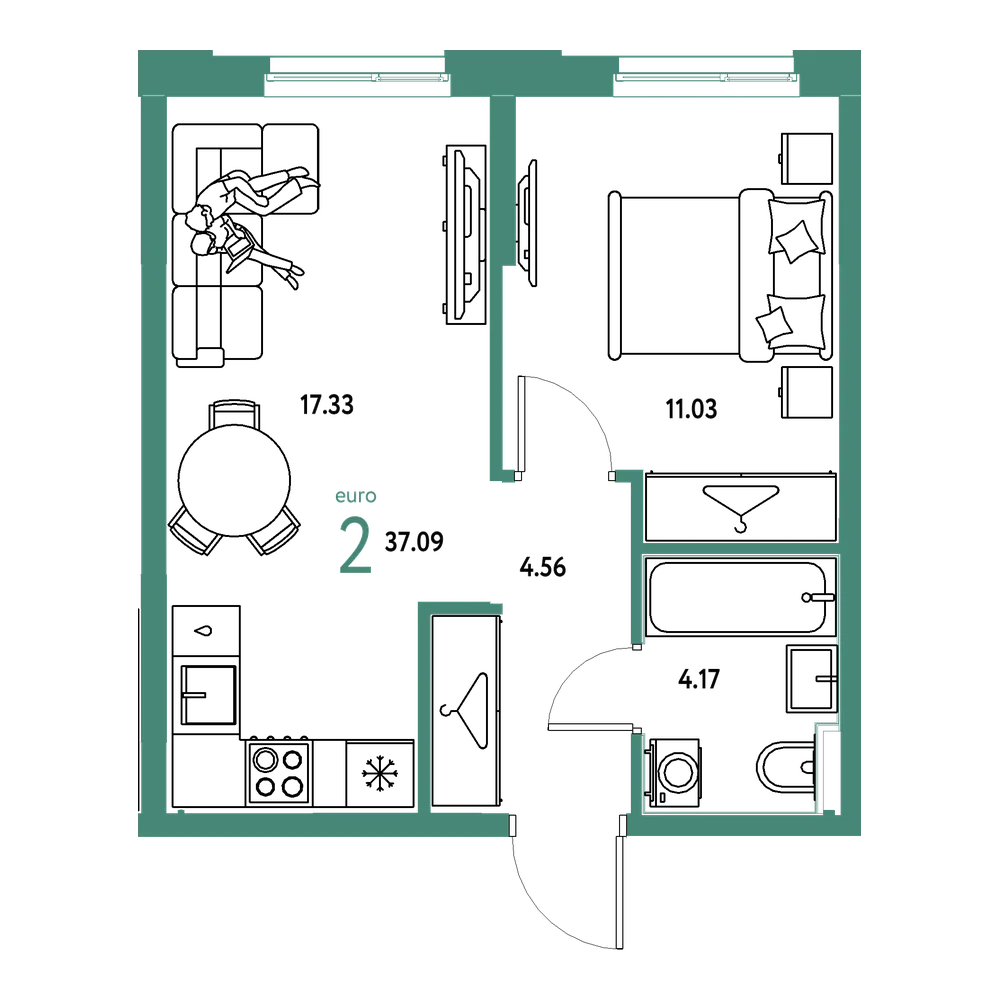 Планировка: Евродвушка 37,09 м²