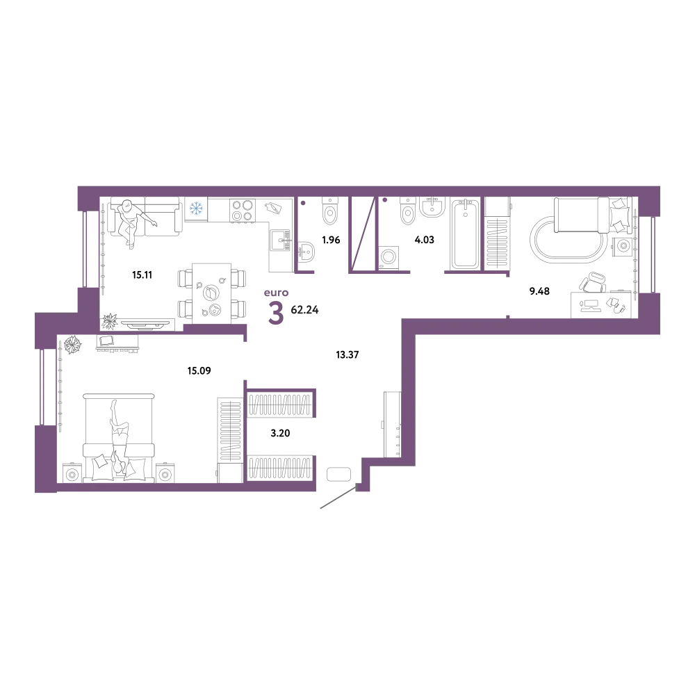 Планировка: Евротрёшка 62,24 м²