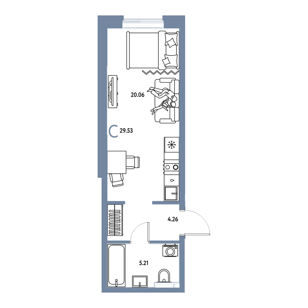 Планировка: Студия 29,53 м²