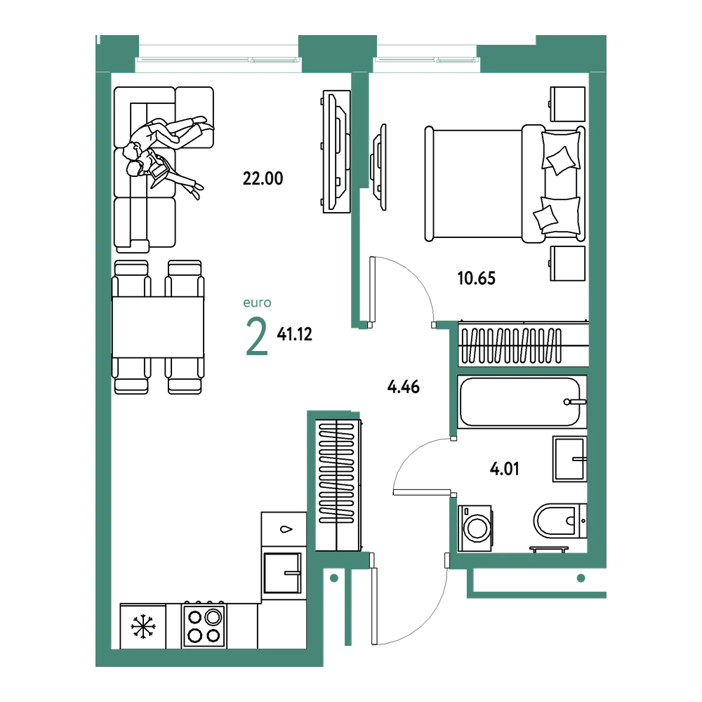 Планировка: Евродвушка 41,12 м²