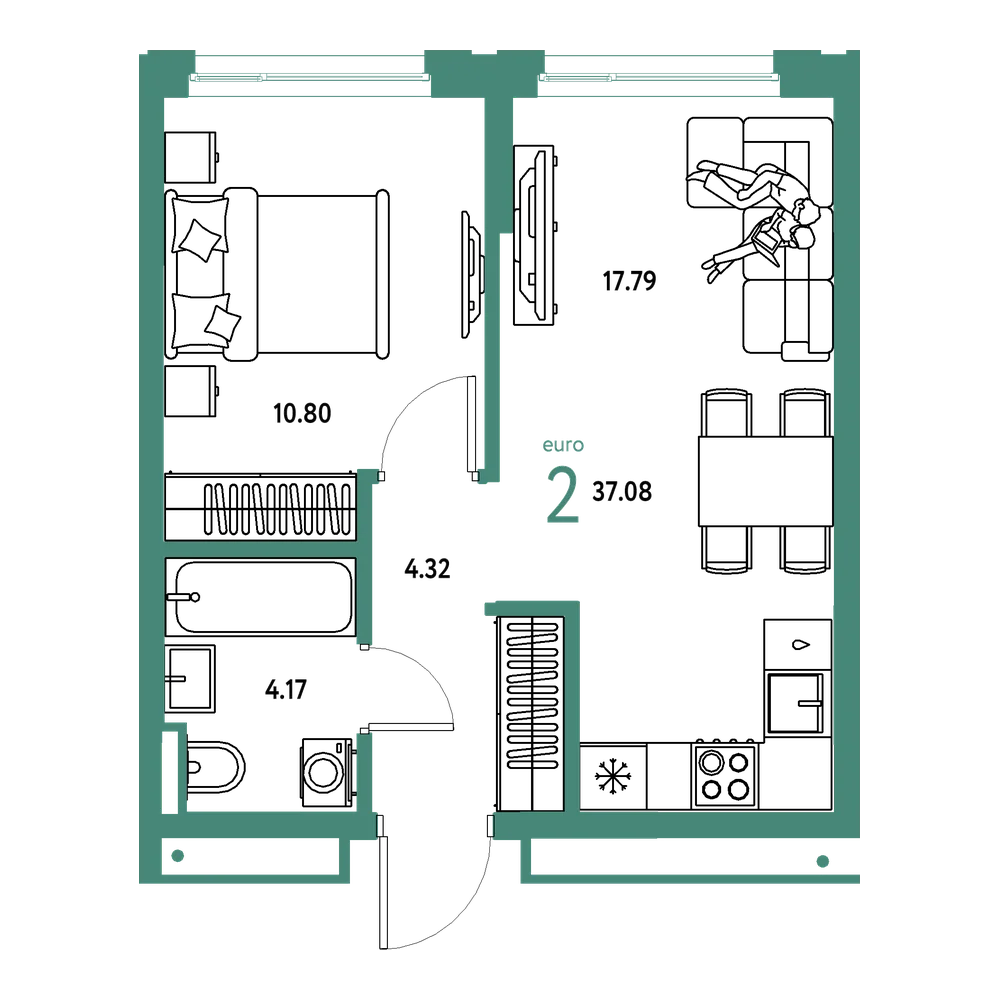 Планировка: Евродвушка 37,08 м²