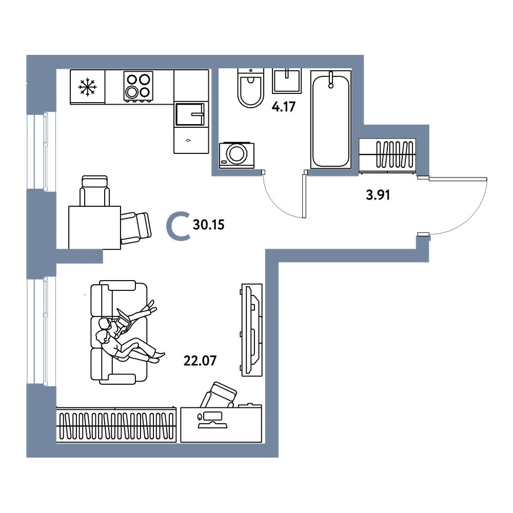 Планировка: Студия 30,15 м²