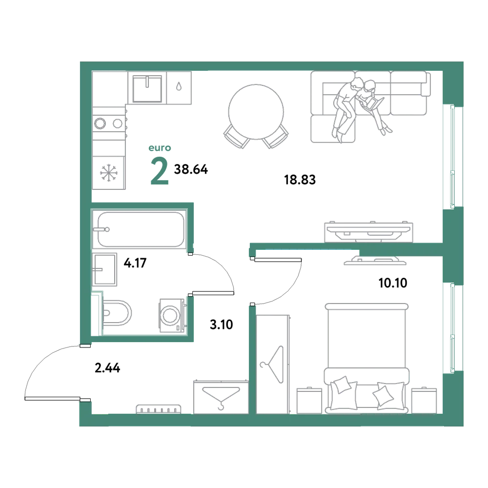 Планировка: Евродвушка 38,64 м²