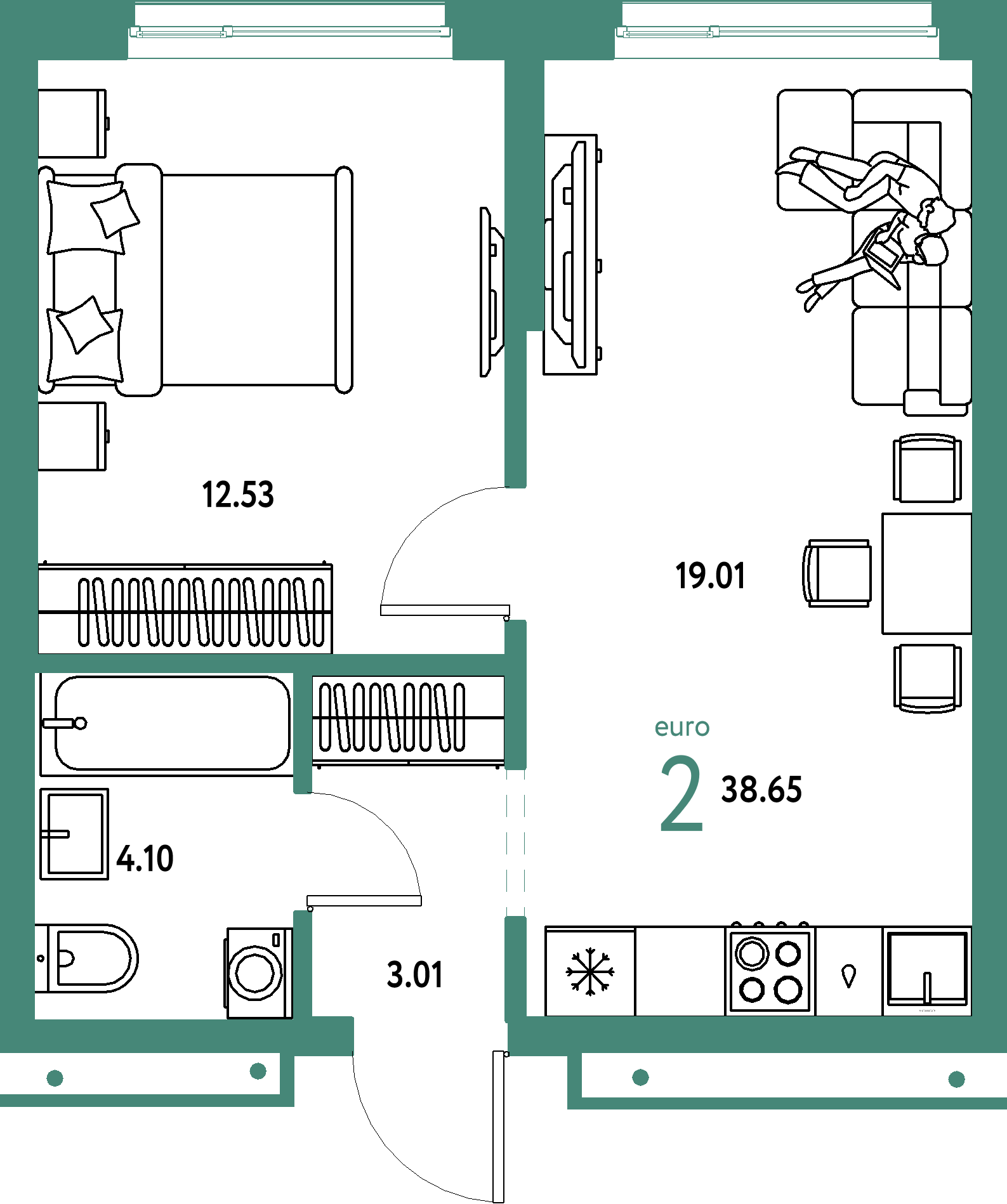 Планировка: Евродвушка 38,65 м² в ЖК «Домашний»