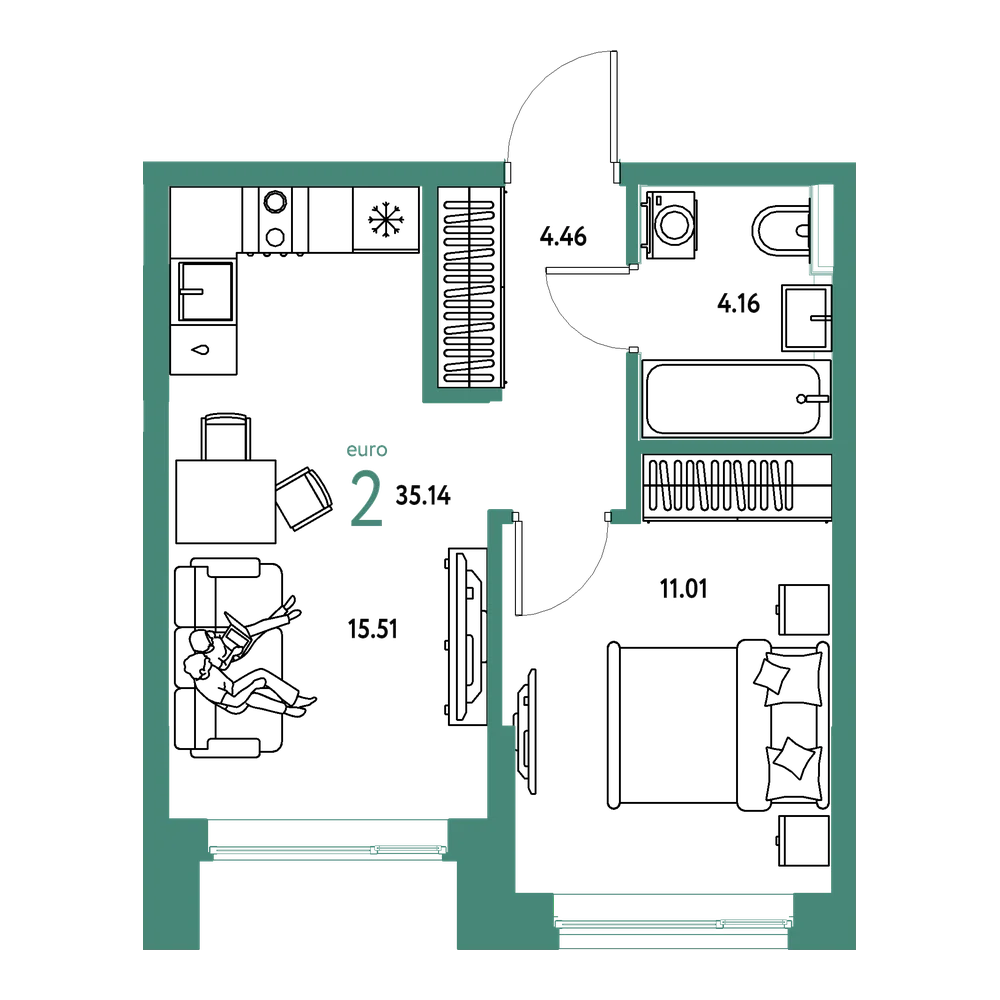 Планировка: Евродвушка 35,14 м²