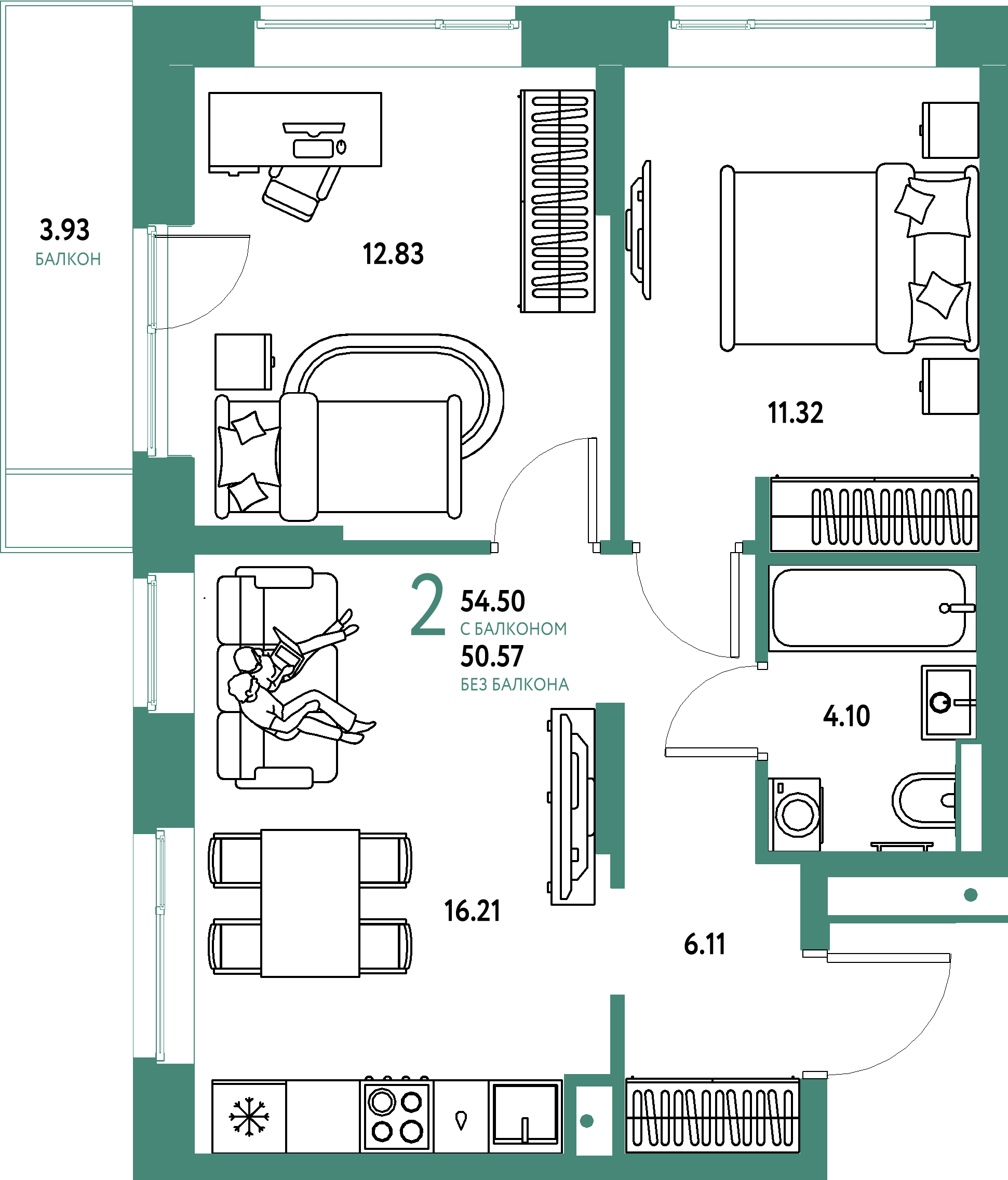 Планировка: 2-комнатная 54,5 м² в ЖК «Авторский»
