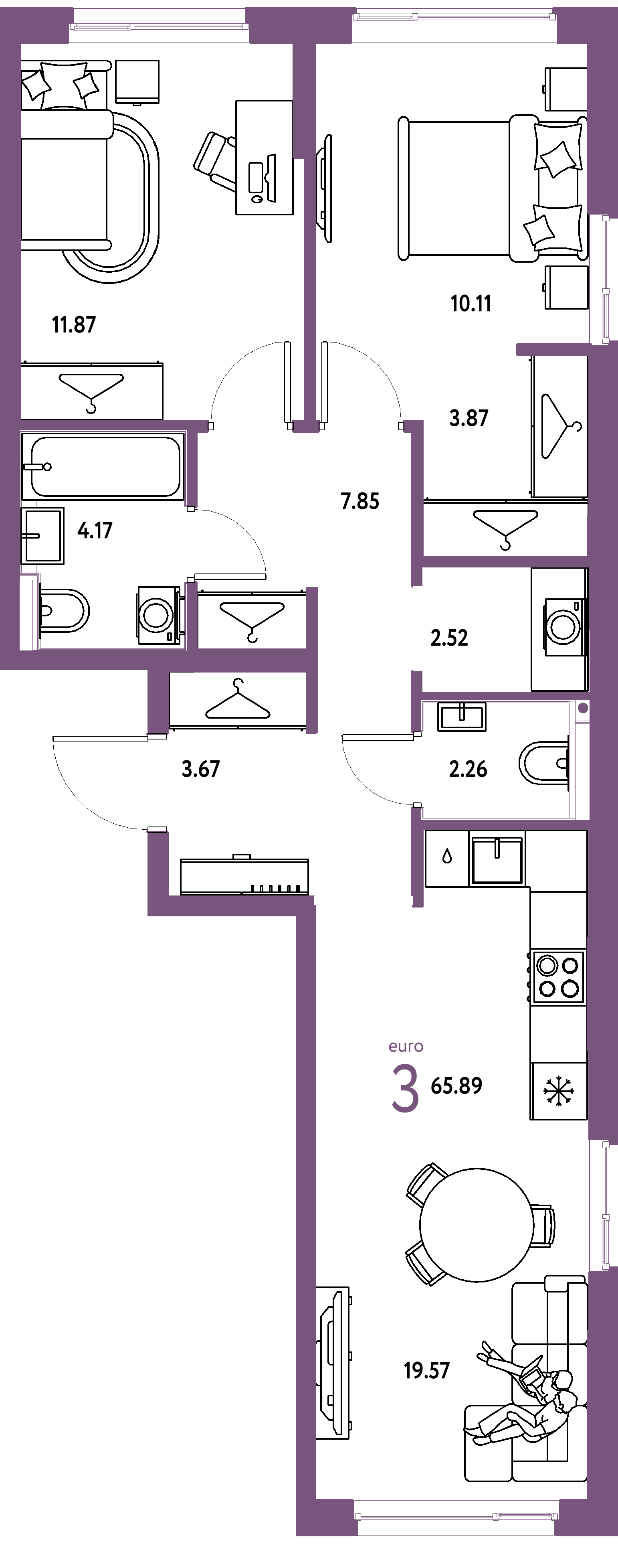 Планировка: Евротрёшка 65,89 м² в ЖК «Страна.Прибрежная»