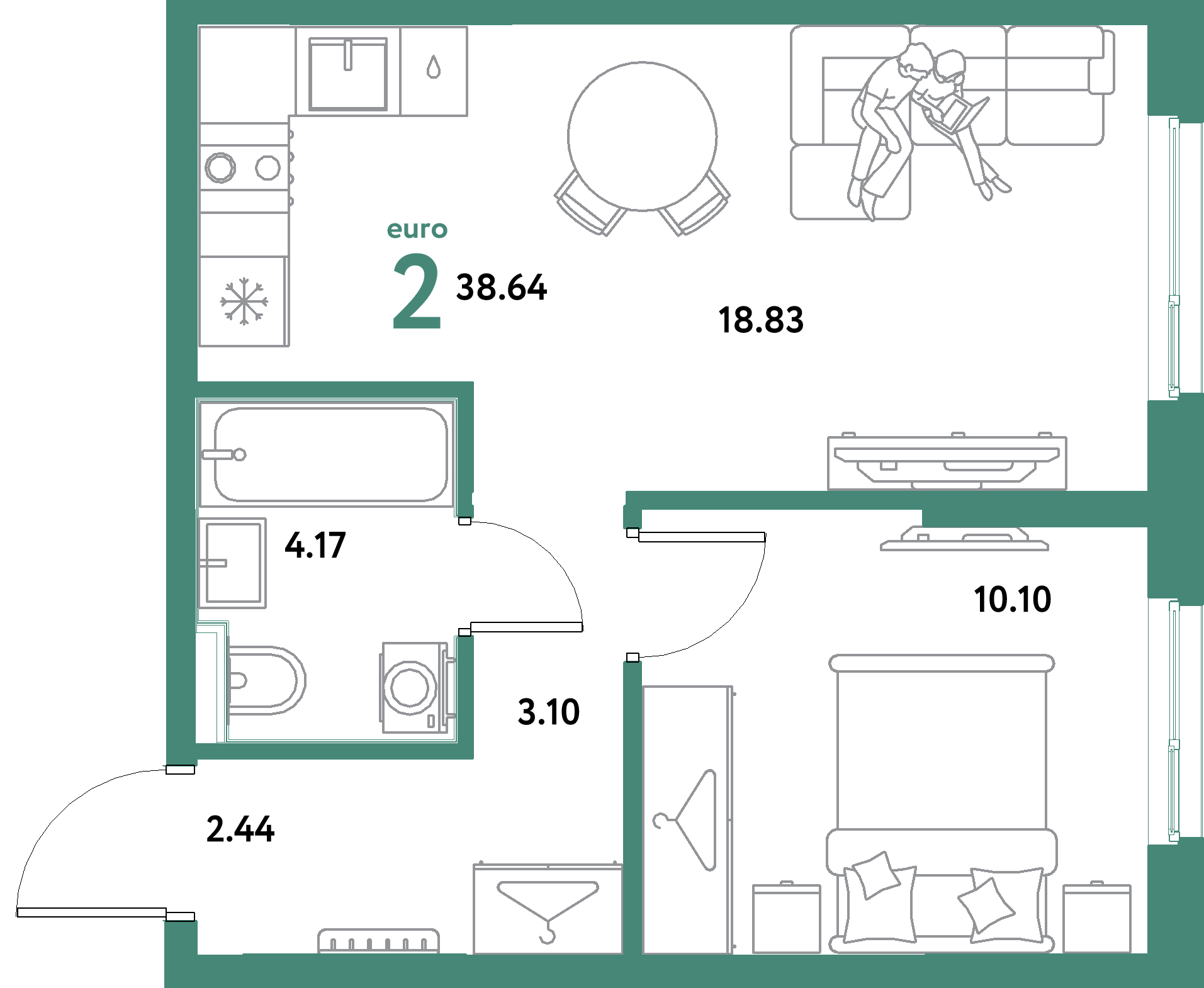 Планировка: Евродвушка 38,64 м² в ЖК «Остров-сад»