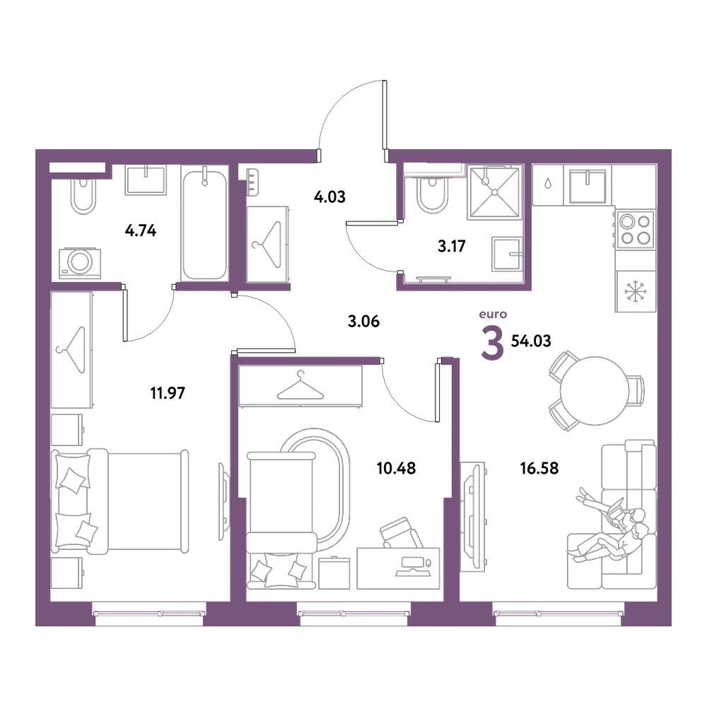 Планировка: Евротрёшка 54,03 м²