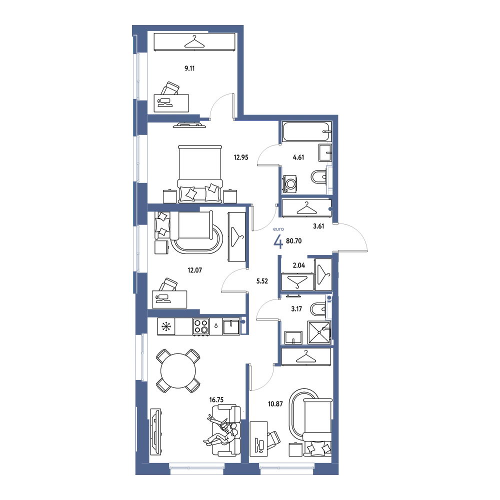 Планировка: Евро-4 80,7 м²