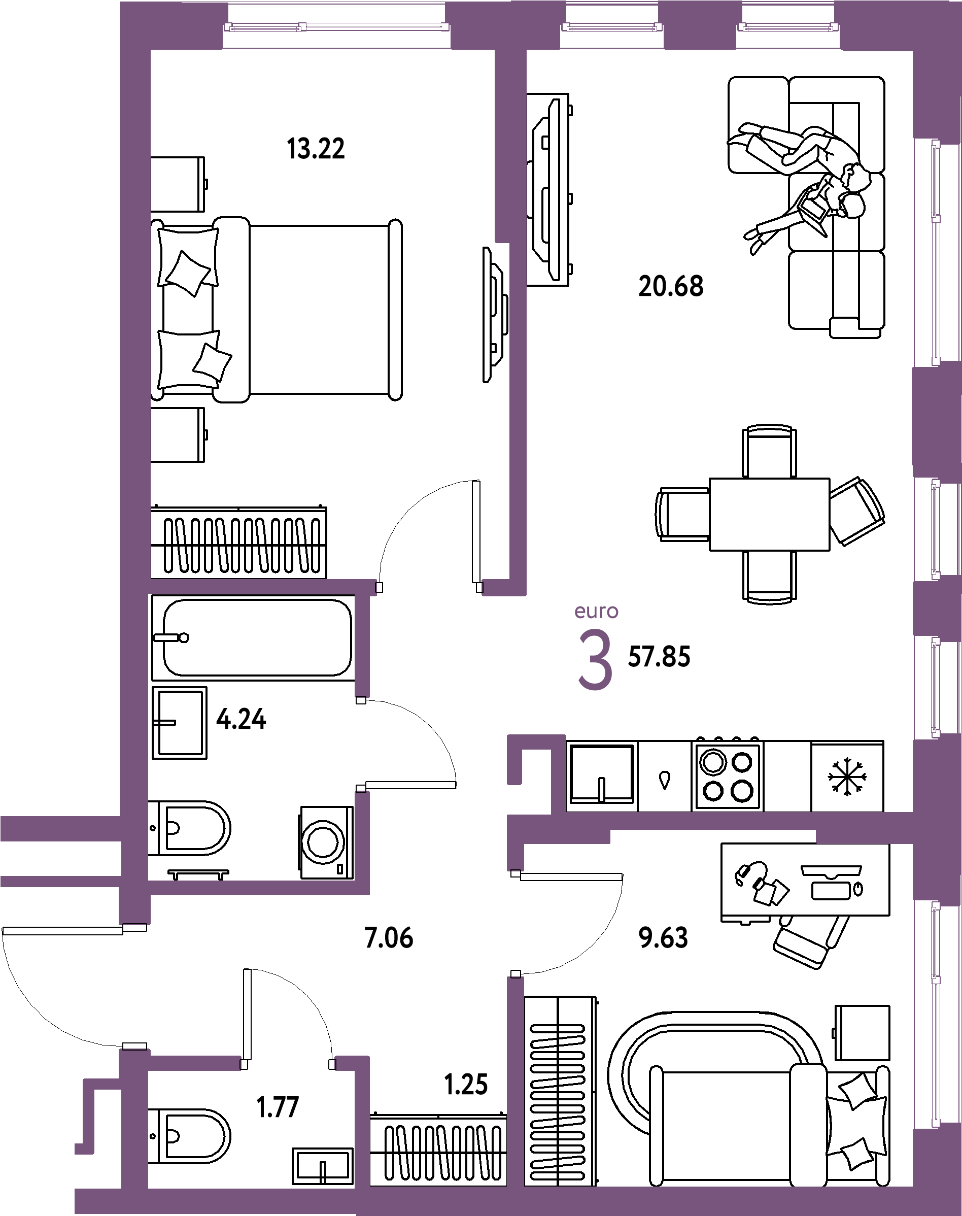 Планировка: Евротрёшка 57,85 м² в ЖК «Домашний»