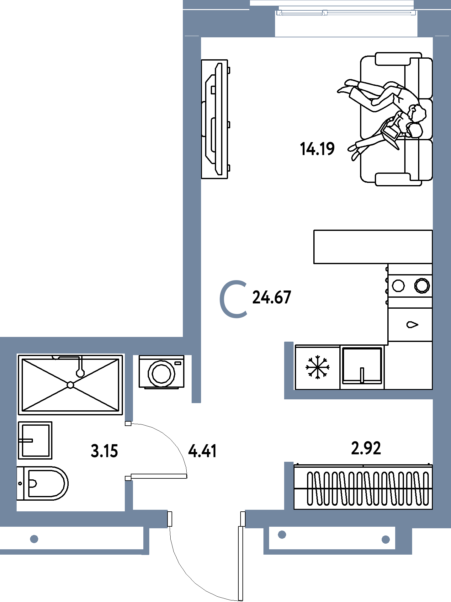 Планировка: Студия 24,67 м² в ЖК «Домашний»