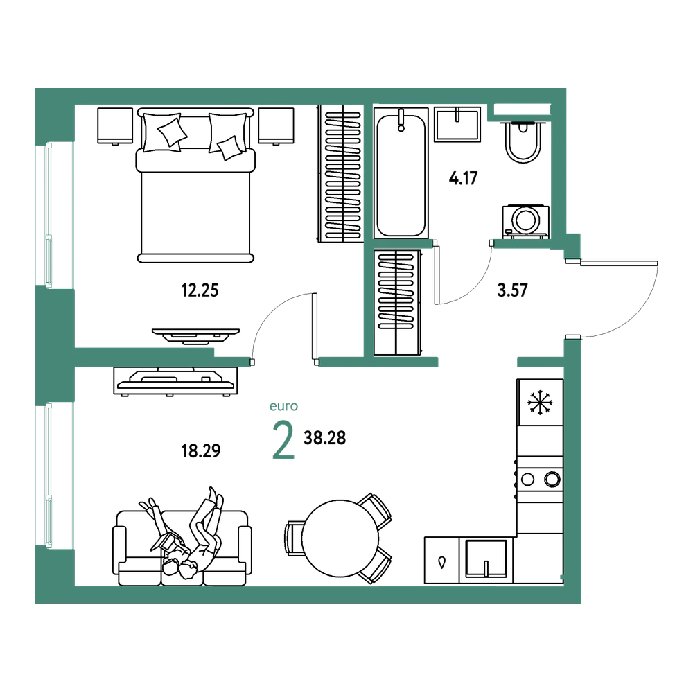 Планировка: Евродвушка 38,28 м²
