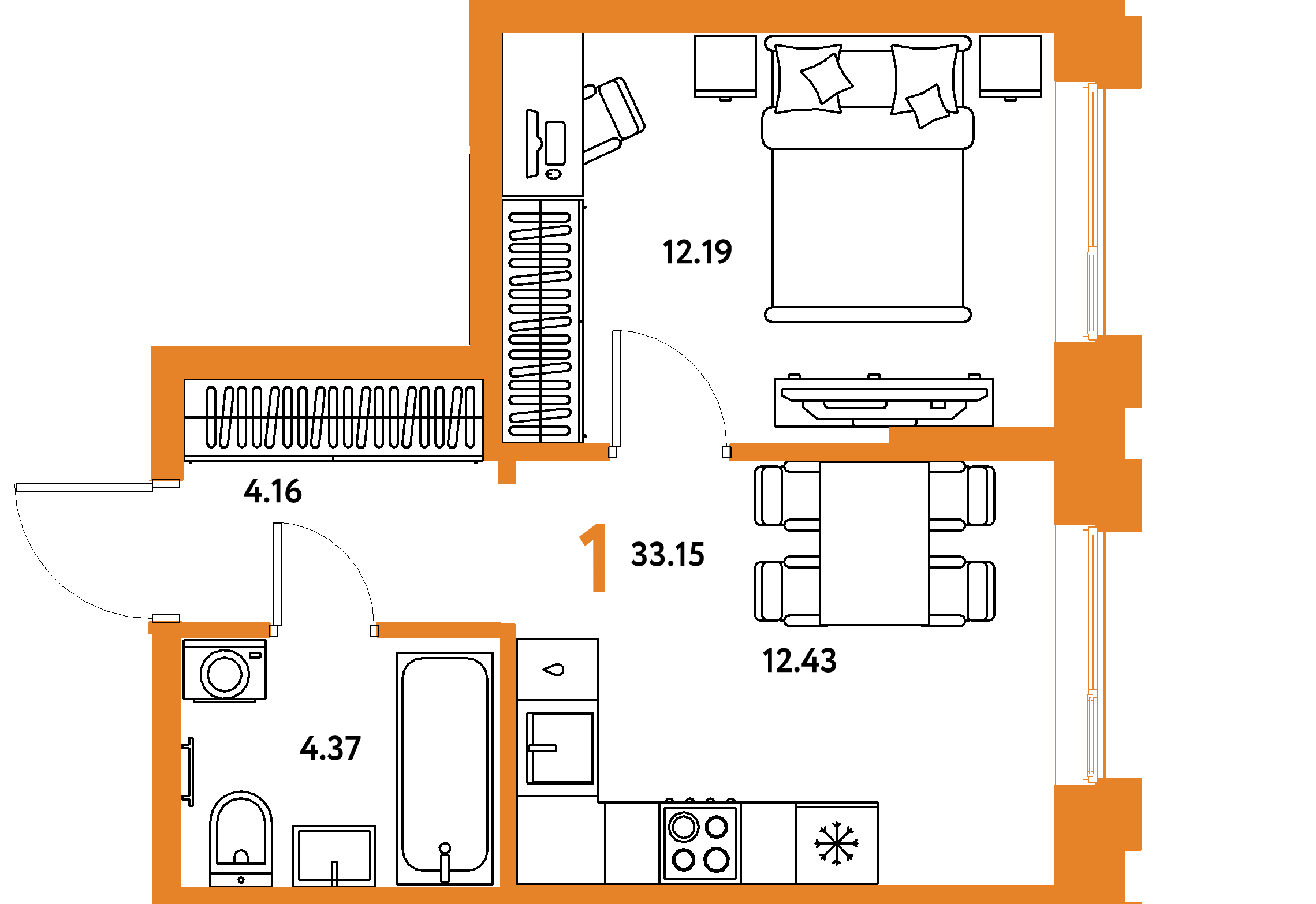 Планировка: 1-комнатная 33,15 м² в ЖК «Европейский берег 2.0»