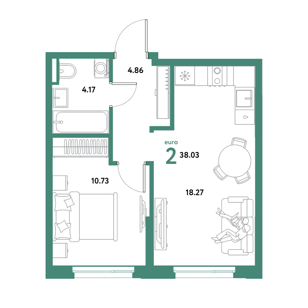 Планировка: Евродвушка 38,03 м²