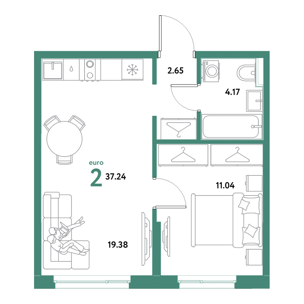 Планировка: Евродвушка 37,24 м²