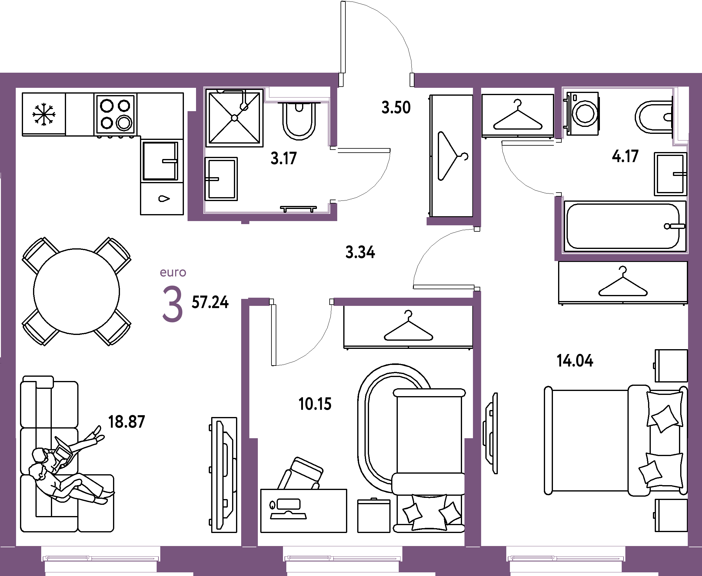 Планировка: Евротрёшка 57,24 м² в ЖК «Европейский берег 2.0»