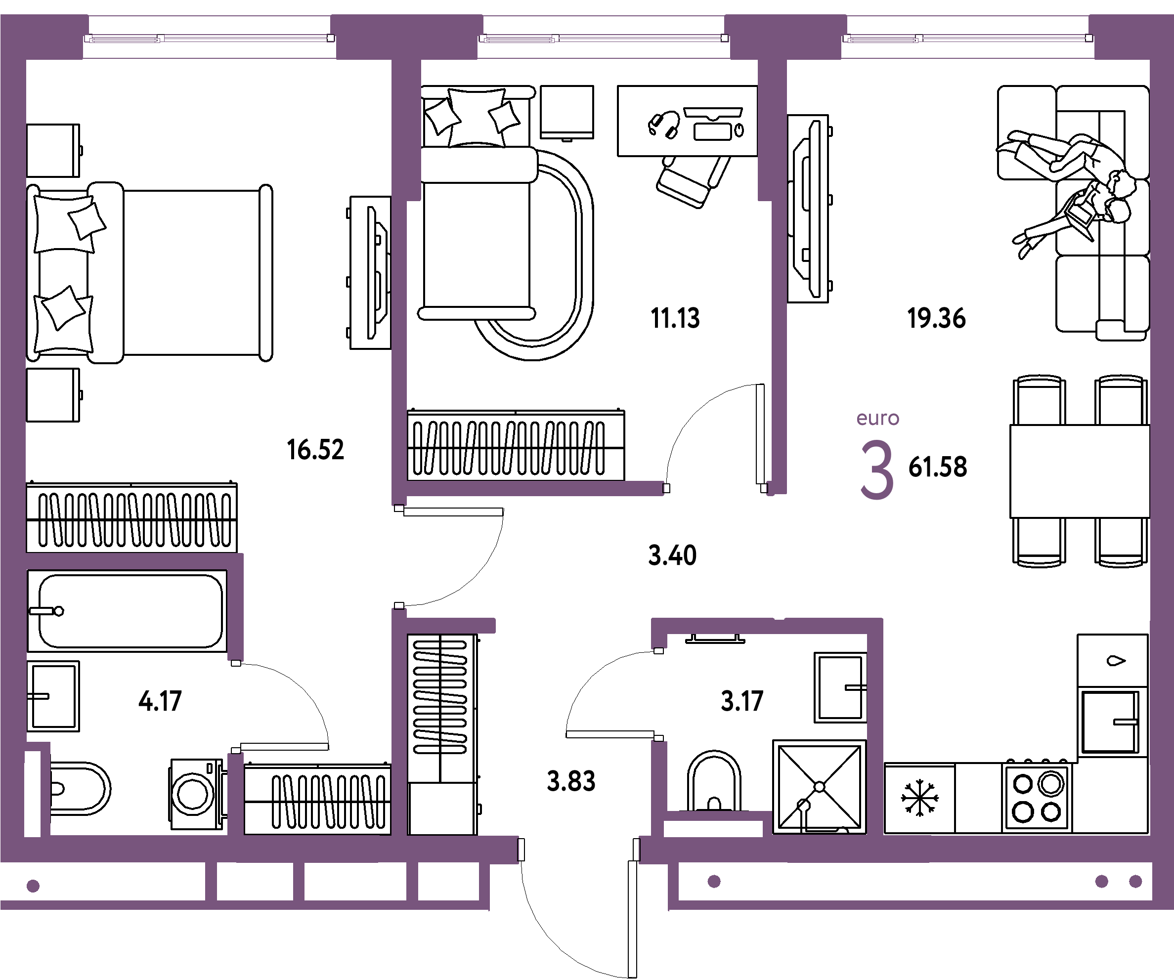 Планировка: Евротрёшка 61,58 м² в ЖК «Страна.Прибрежная»