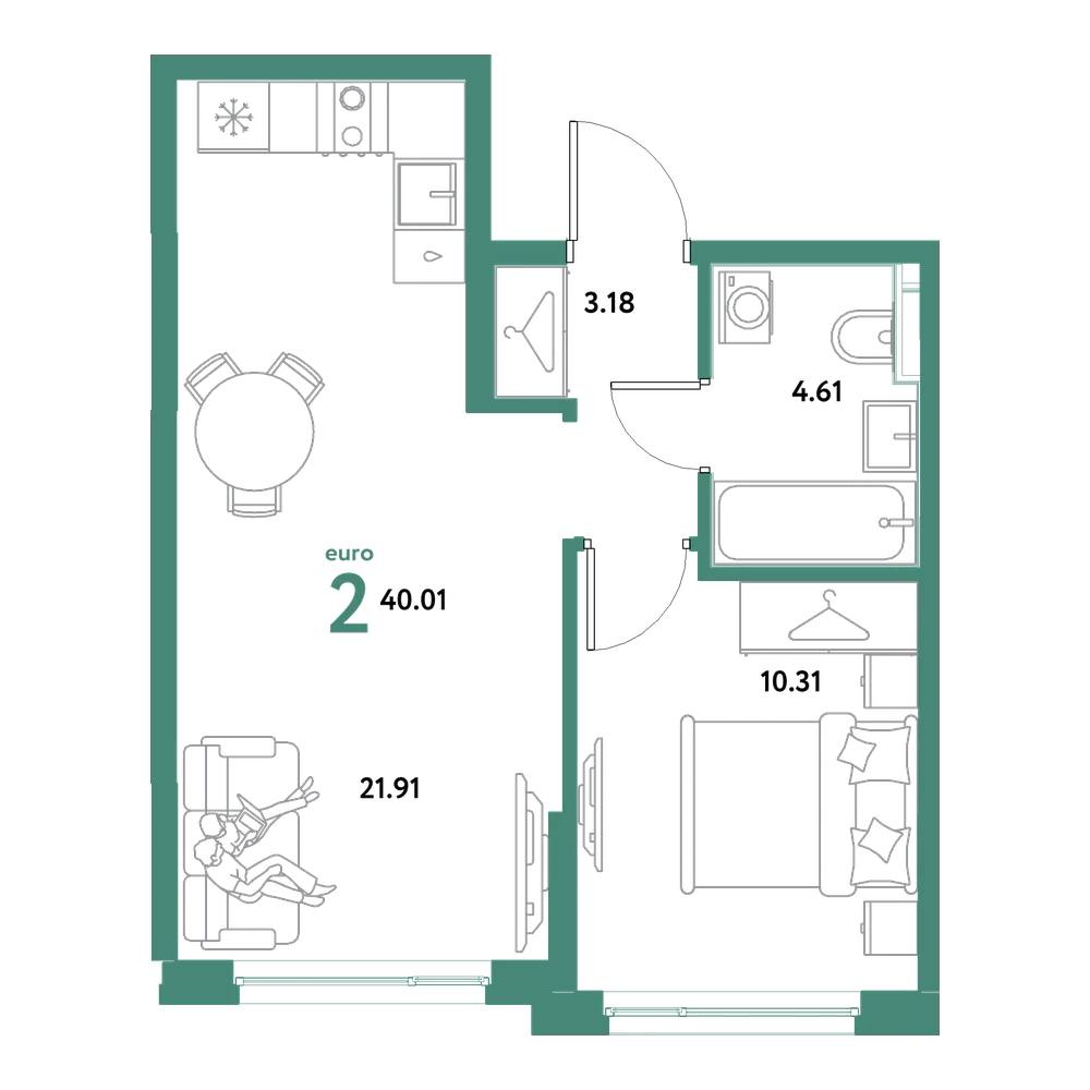 Планировка: Евродвушка 40,01 м²