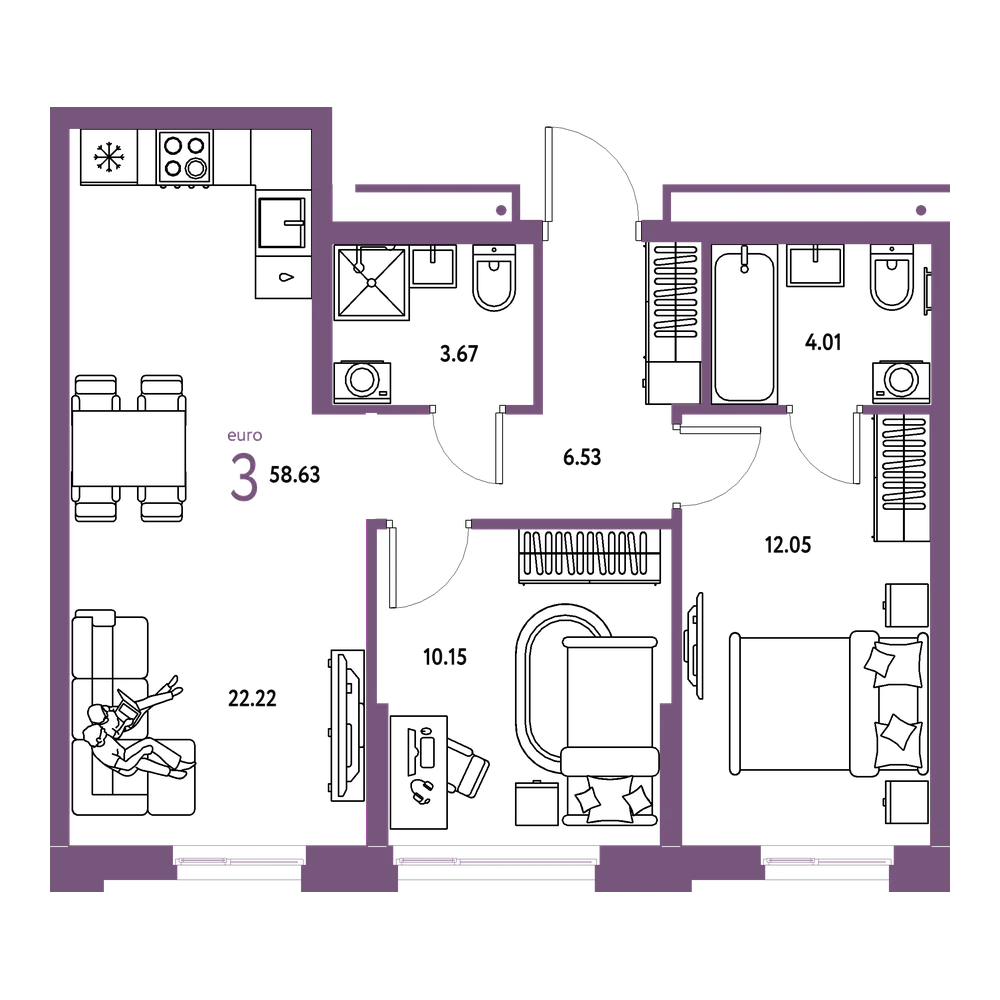 Планировка: Евротрёшка 58,63 м²