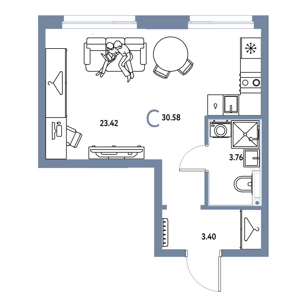 Планировка: Студия 30,58 м²