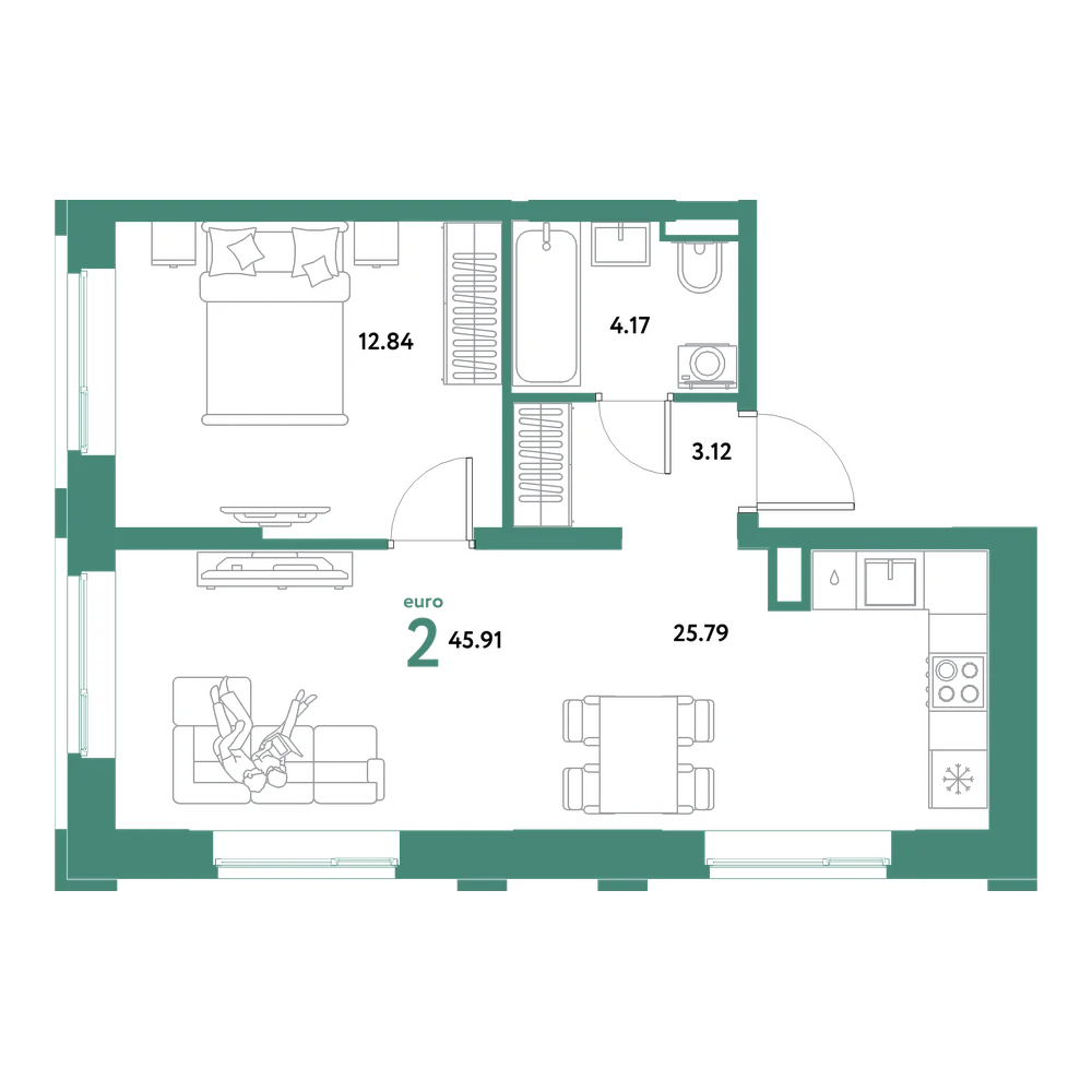 Планировка: Евродвушка 45,91 м²