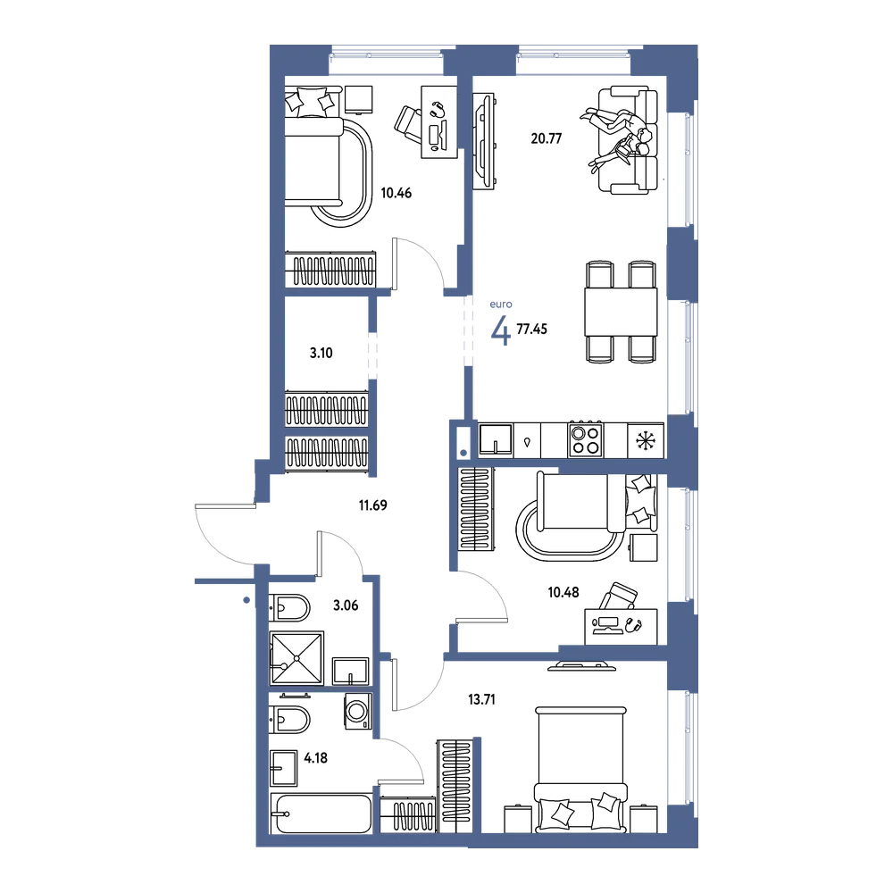 Планировка: Евро-4 77,45 м²