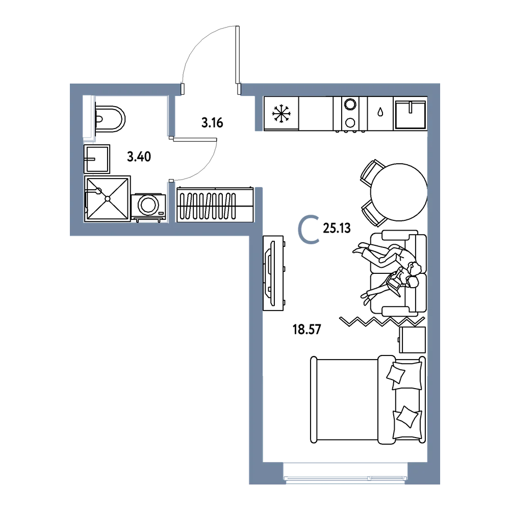 Планировка: Студия 25,13 м²