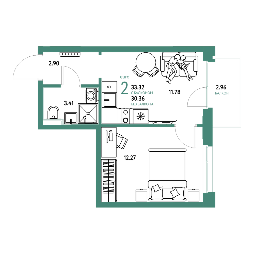 Планировка: Евродвушка 33,04 м²