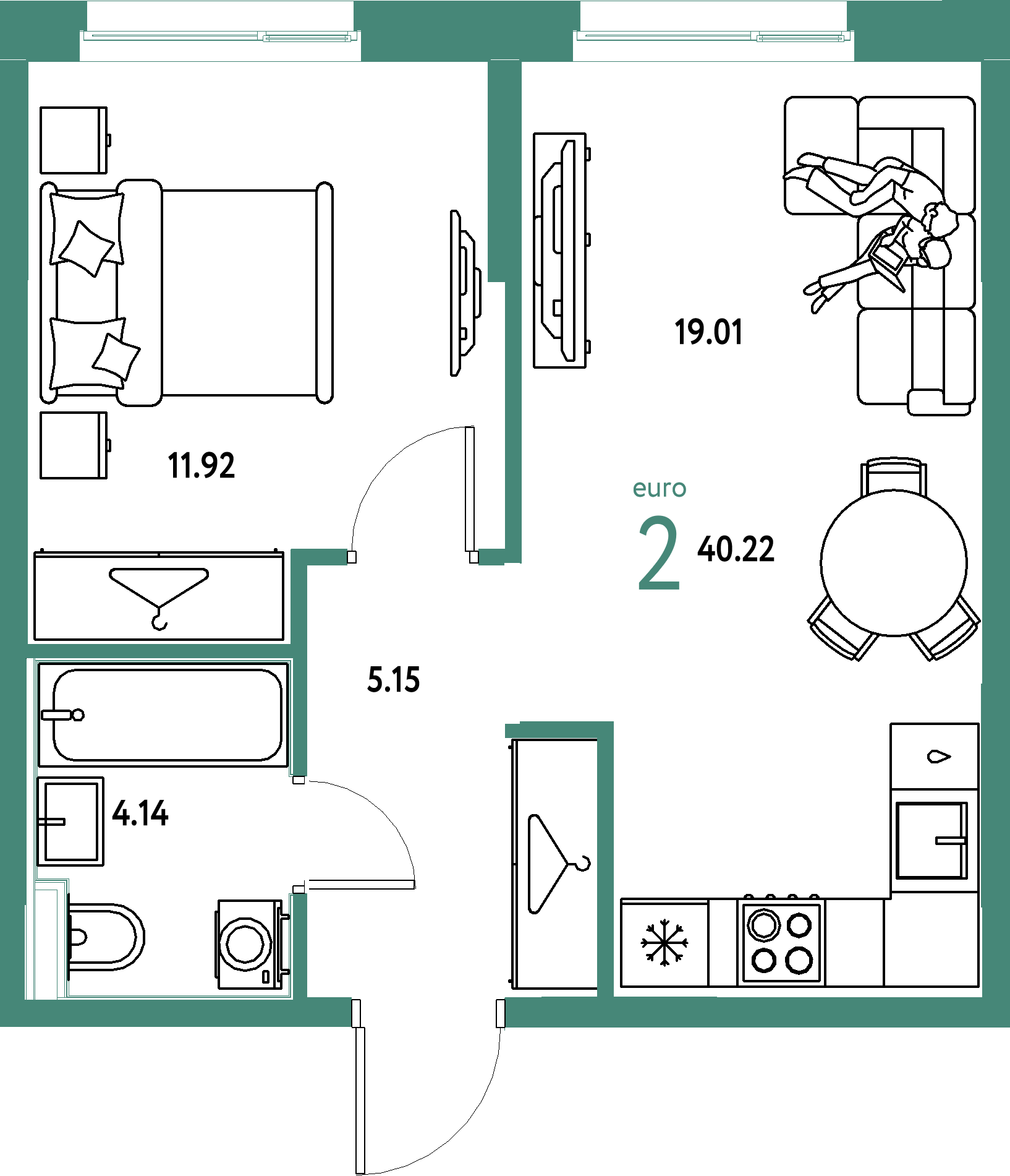 Планировка: Евродвушка 40,22 м² в ЖК «Европейский берег 2.0»