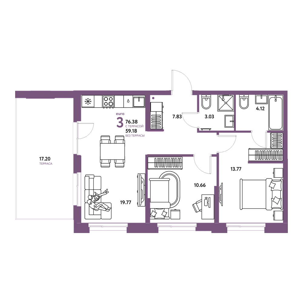 Планировка: Евротрёшка 76,38 м²